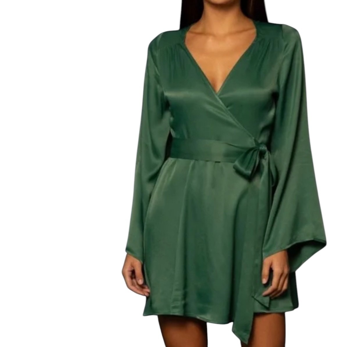 Shore Emerald Green Satin Wrap Dress Bell Sleeve Tie Waist Mini Sz Large Nwt$238